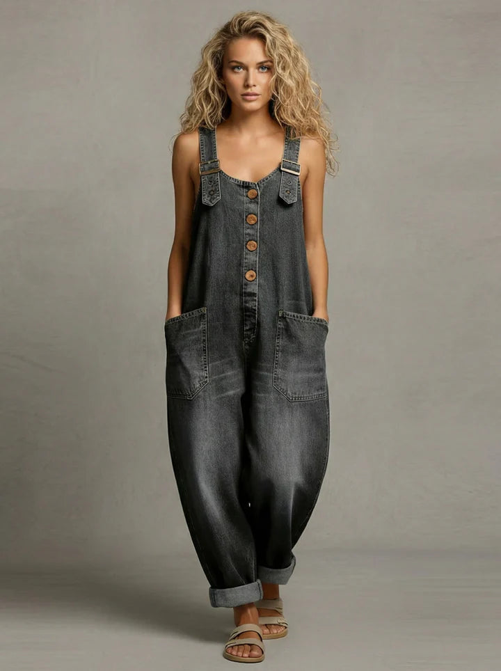 Moxelle - Women’s Wide-Leg Denim Overall Jumpsuit with Pockets and Adjustable Straps