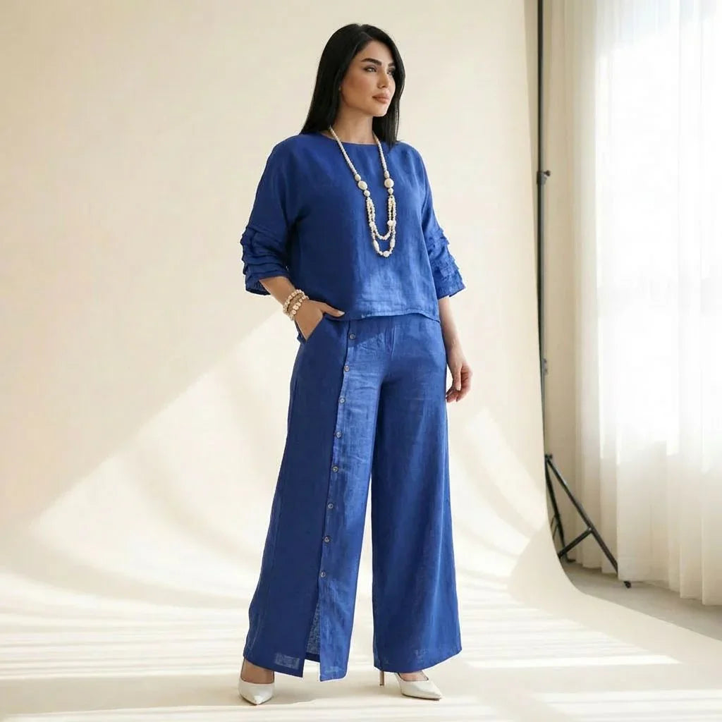 Roots™ Cotton Linen Set with Relaxed Top and Elegant Wide-Leg Pants