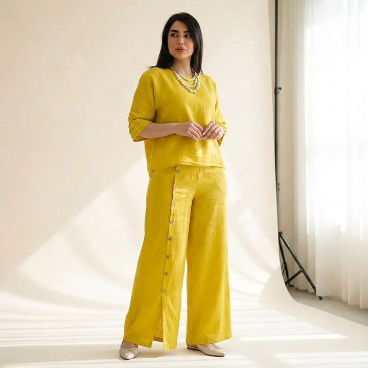 Roots™ Cotton Linen Set with Relaxed Top and Elegant Wide-Leg Pants