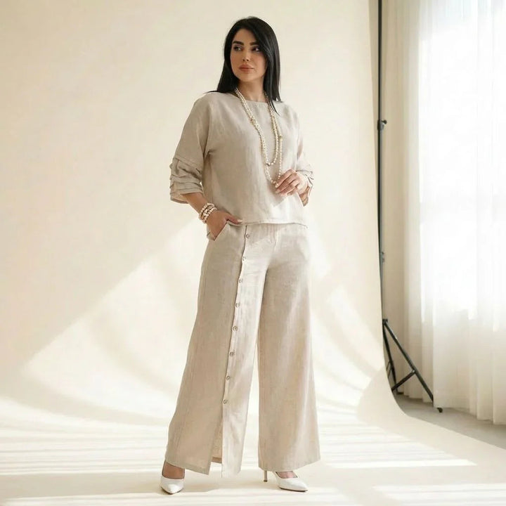Roots™ Cotton Linen Set with Relaxed Top and Elegant Wide-Leg Pants
