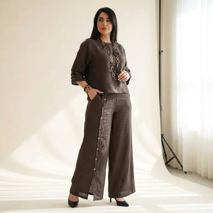 Roots™ Cotton Linen Set with Relaxed Top and Elegant Wide-Leg Pants