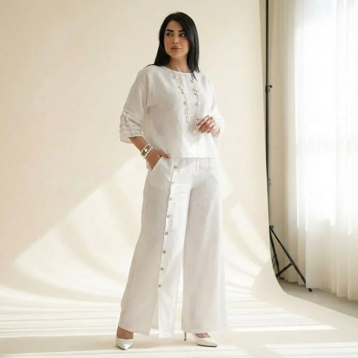 Roots™ Cotton Linen Set with Relaxed Top and Elegant Wide-Leg Pants