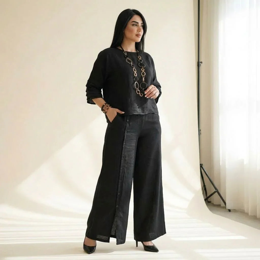 Roots™ Cotton Linen Set with Relaxed Top and Elegant Wide-Leg Pants