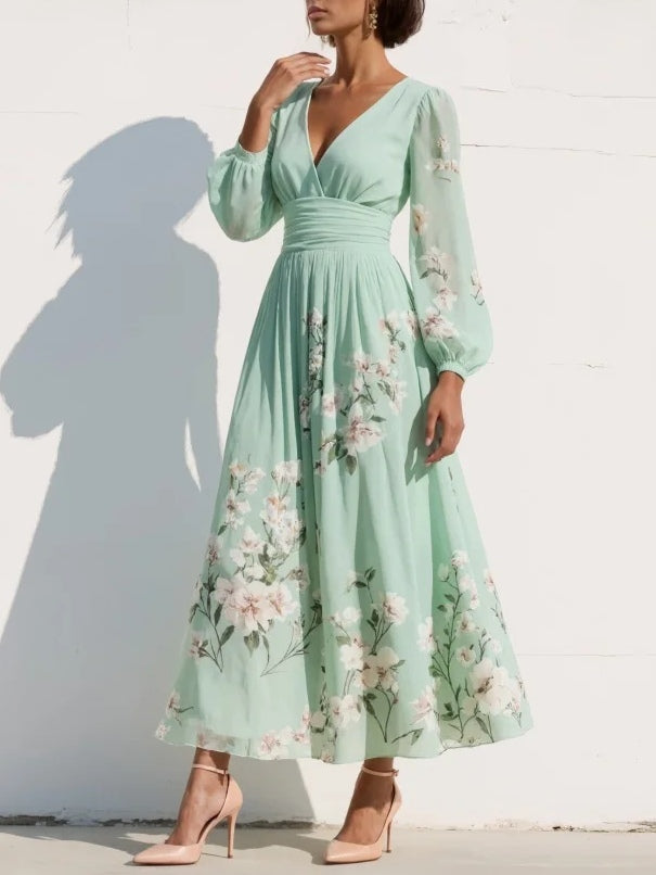Light Green Chiffon Midi Dress with Pleated V-Neck Design