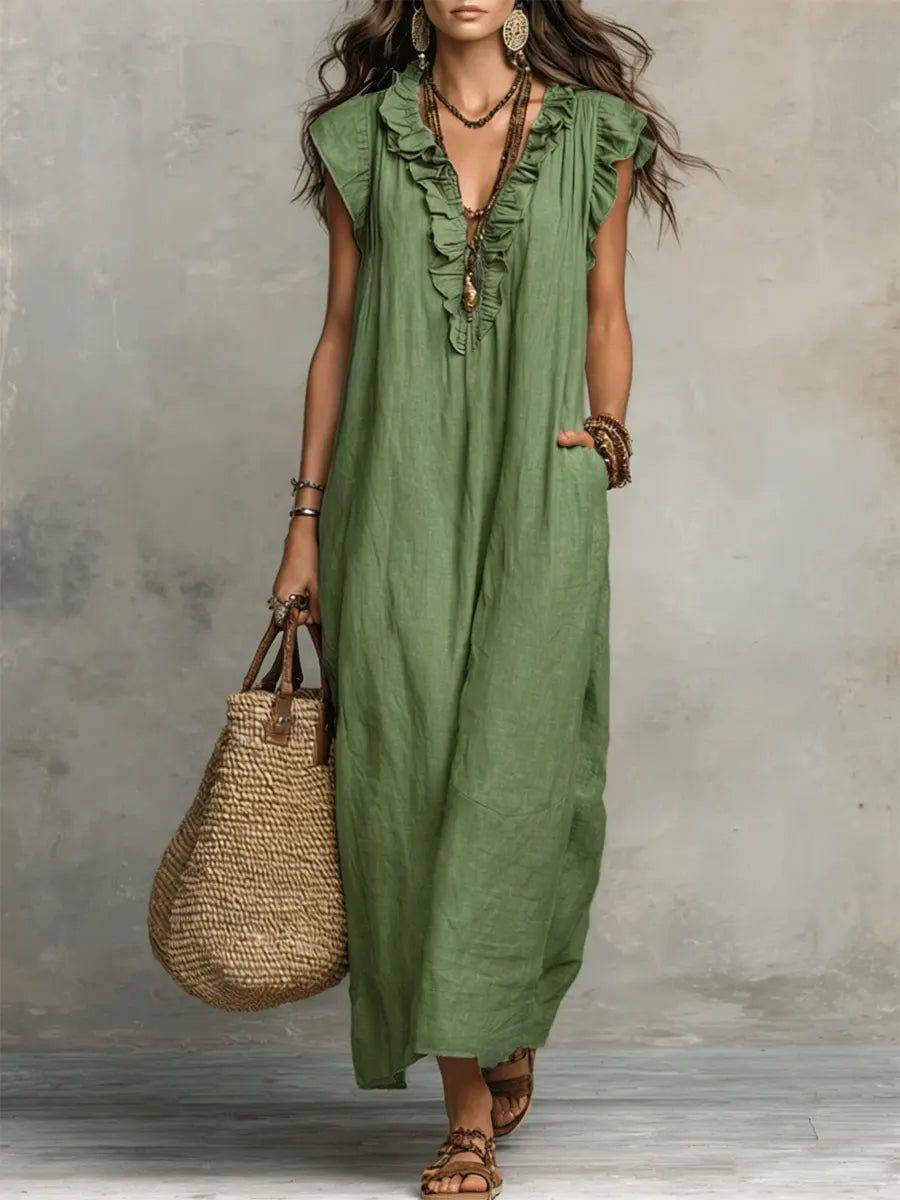 Izzellea - Women’s Long Bohemian Linen-Cotton Dress with a Flowy Fit and Elegant Ruffle Details
