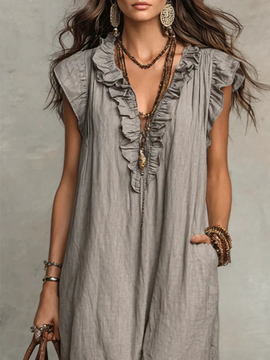 Izzellea - Women’s Long Bohemian Linen-Cotton Dress with a Flowy Fit and Elegant Ruffle Details